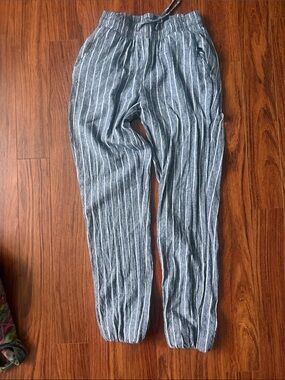 Striped Blue women Drawstring Linen-Blend Pants